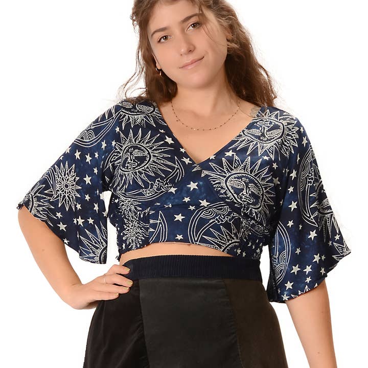 Gypsy Rose - Wholesale Blouse - Women's - Celestial Star Moon Print Crop Top Blouse