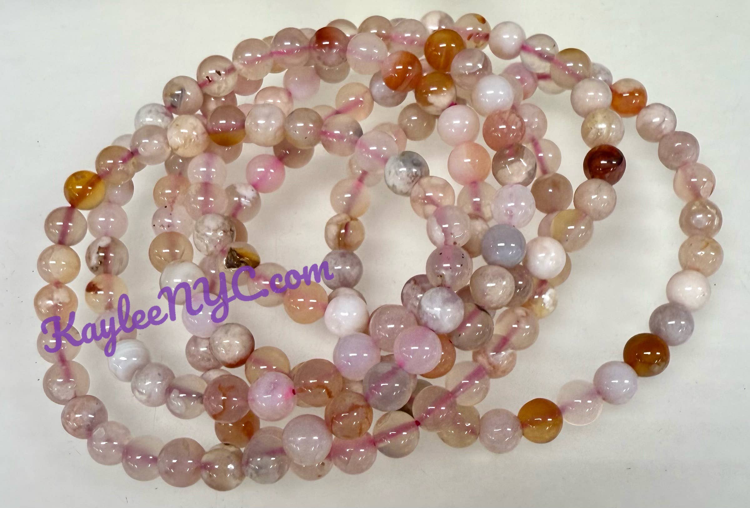 KayleeNYC - Wholesale Beaded Bracelet - Natural Flower Agate 6mm 7.5” Crystal Stretch Bracelet2