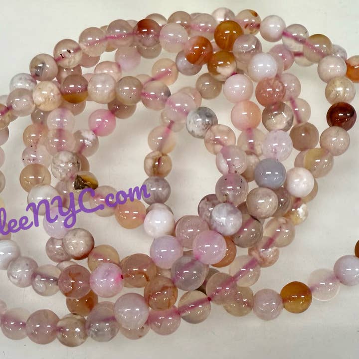 KayleeNYC - Wholesale Beaded Bracelet - Natural Flower Agate 6mm 7.5” Crystal Stretch Bracelet2