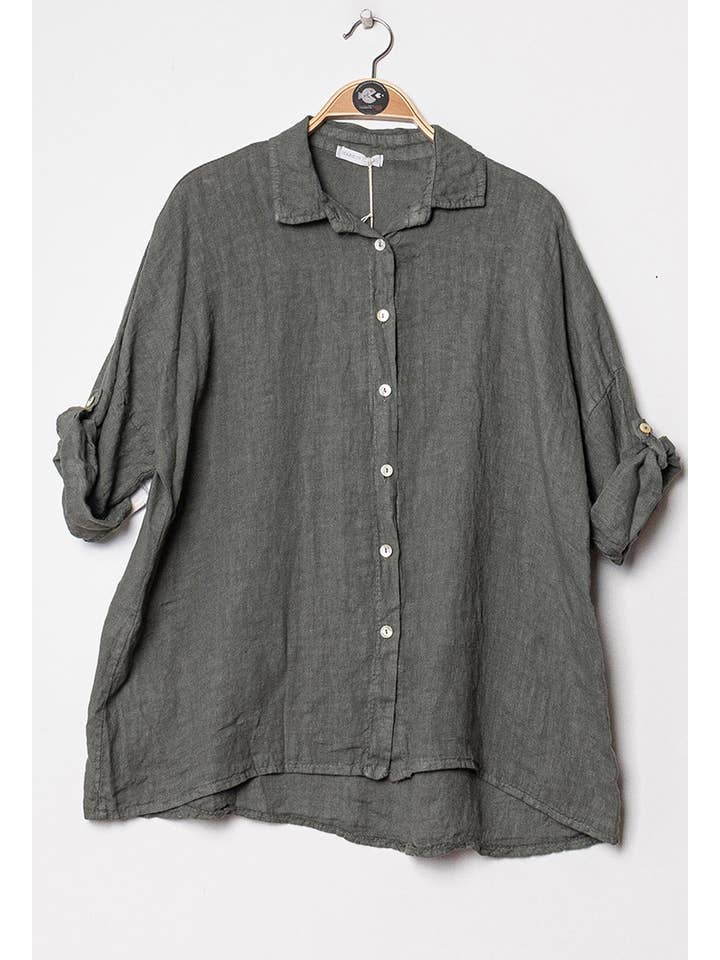 Happy look – Camisa com botões no colarinho – Mulher por atacado – Camisa folgada de linho com mangas dobráveis6