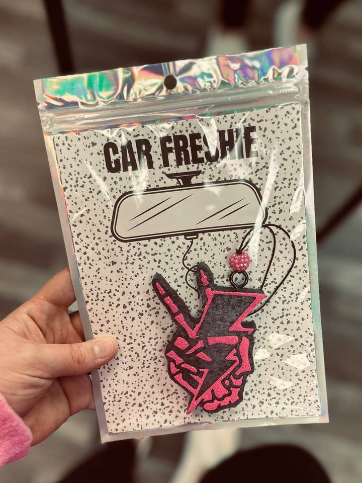 Peace Sign Lighten Bolt (Pink) || Car Freshie for wholesale by Rustic Wagon Wholesale