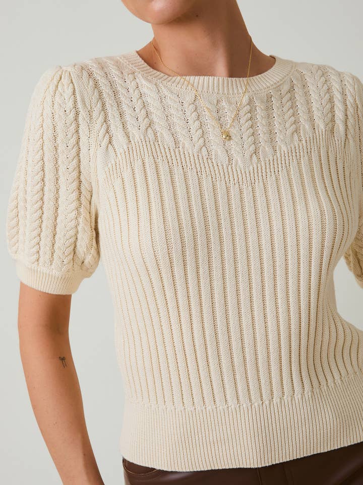 Sunday Edition by LE LIS - Wholesale Knit Sweater - Women's - ROUND NECK PUFF SHORT SLEEVE CABLE SWEATER4