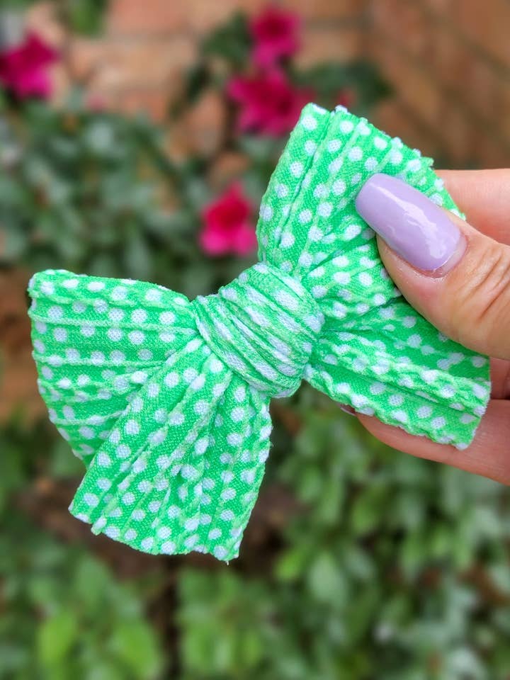 Daisy Bow-Polka Dot Green for wholesale by Dainty Delights Creations