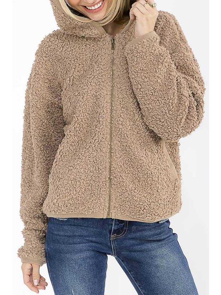 ROUSSEAU - Wholesale Jacket - Women's - SOLID SHERPA HOODED ZIP UP POCKET FRONT JACKET21