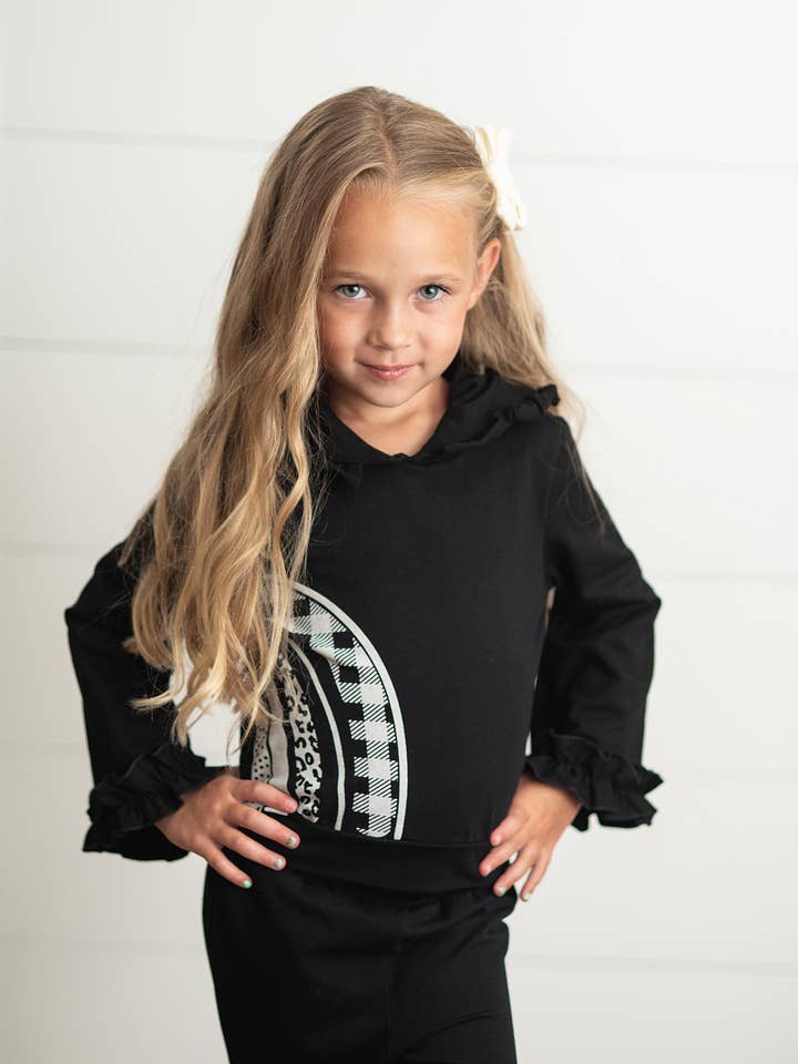 Oopsie Daisy - Wholesale Top & Pant Set - Kids - Kids Black & White Rainbow Check Hooded Ruffle Pocket Set