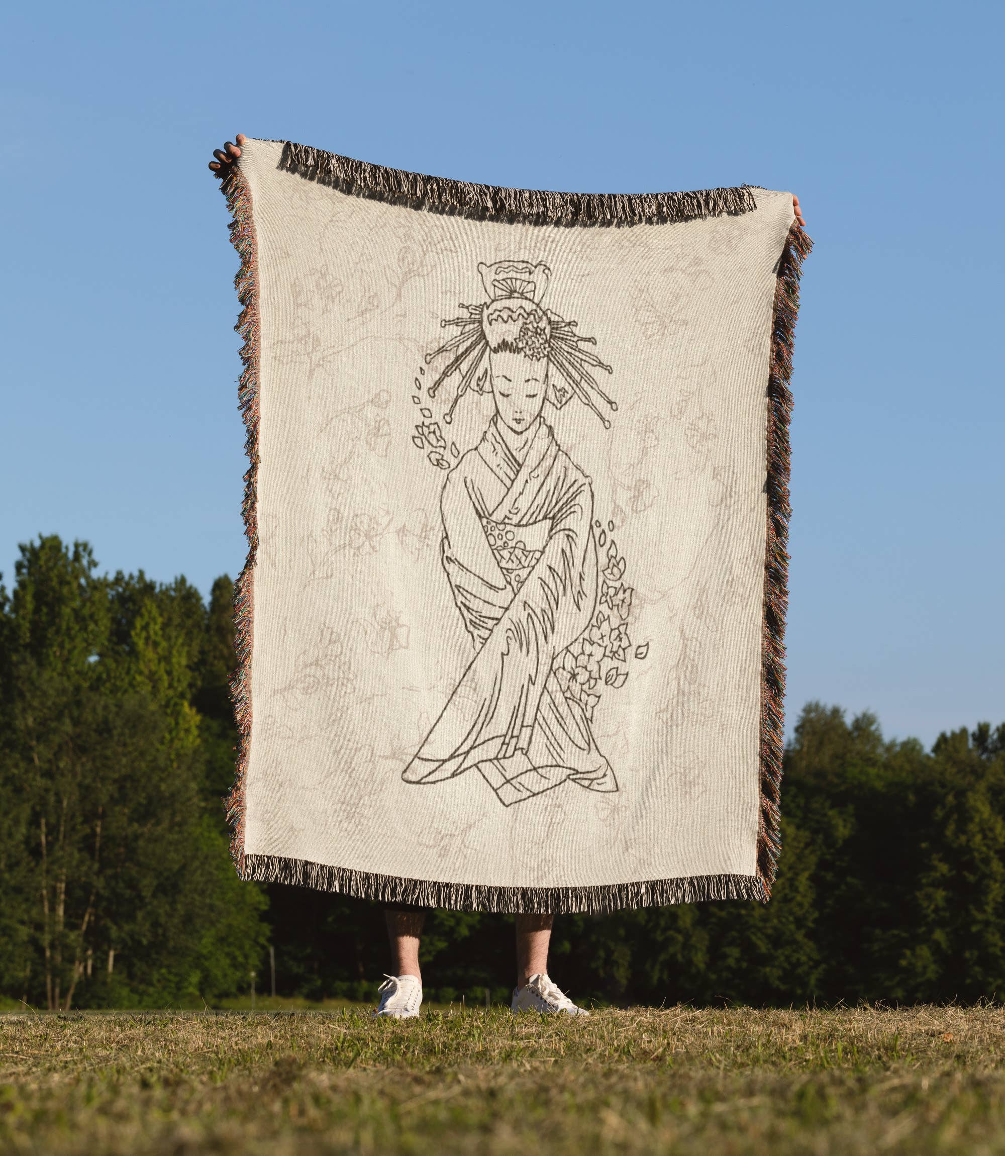 3dRose - Vente Plaids - 3dRose, Joli contour de geisha japonaise Geigia assise, design décoratif floral asiatique oriental, couverture1