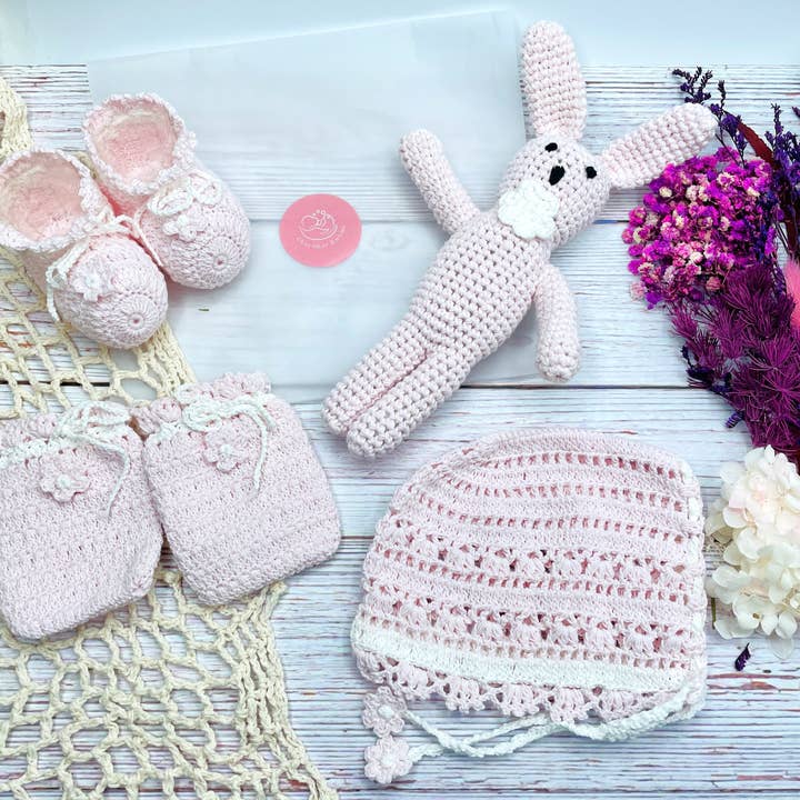 Handmade Crochet Baby Booties, Bonnet, Mittens, Kitty Toy fo for wholesale by CherisherBabies