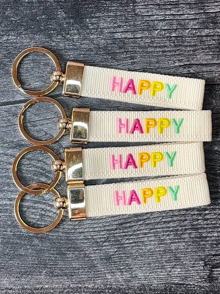 Portachiavi ricamato Happy per la vendita all'ingrosso da parte di Rain Embroidery
