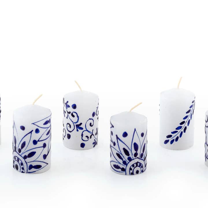 Thumbprint Artifacts - Wholesale Tapered Candle/Candlestick - Henna Blue on White Candle7