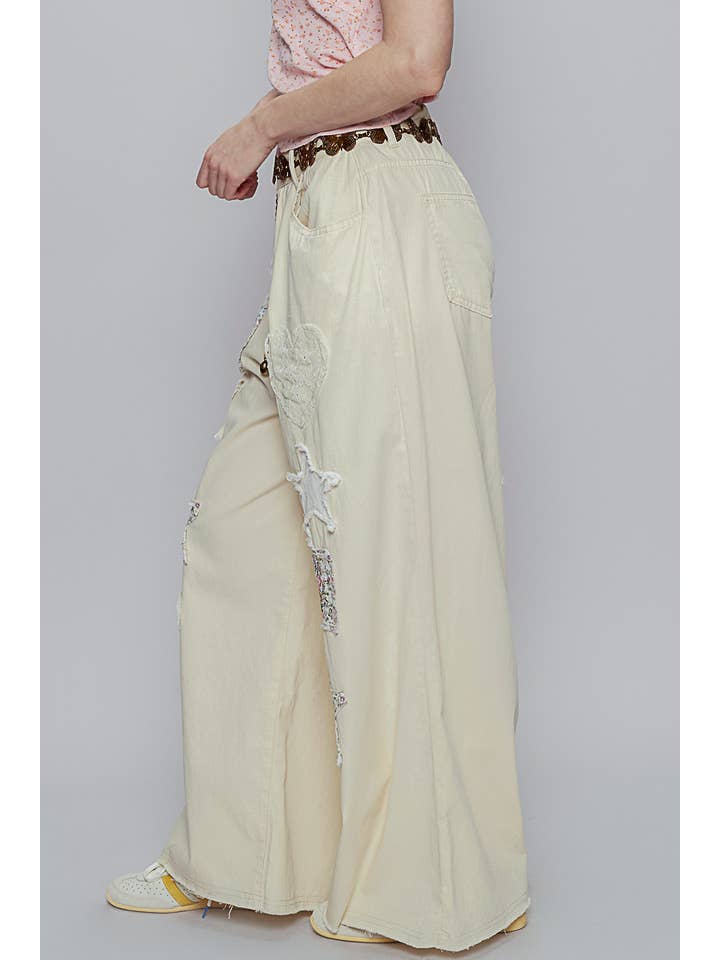 Pol Clothing - Wholesale Jeans - Women's - Embroidery solid floral wide denim pants
