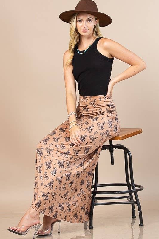 LIGHT MOCHA AV1244-BELLA WESTERN BUCKING HORSES PRINT KNIT MAXI SKIRT for wholesale on Faire4