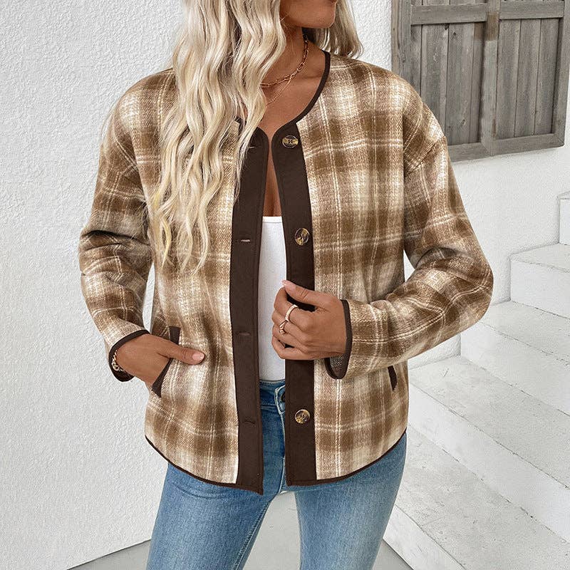 Khaki autumn and winter plush all-match top plaid coat retro for wholesale on Faire0