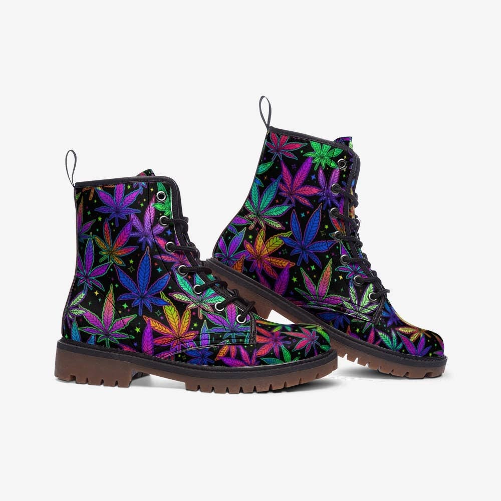 Black Trippy Cannabis Combat Boots, Witchy Boots, Handcrafted Boots, Ankle Boots, Boots Womens, Hippie Boots, Faux Leather Boots, Marijuana Print for wholesale on Faire