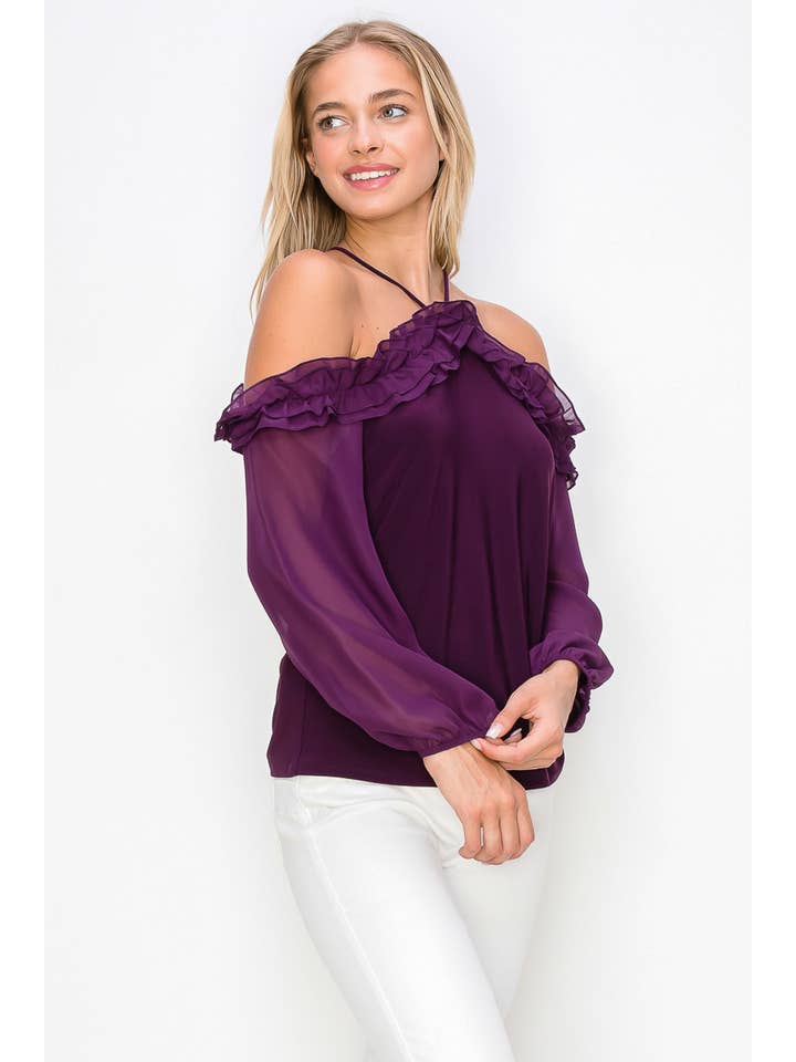 Plommon Ruffle Cold Shoulder Ballong Långärmad Blus för wholesale på Faire