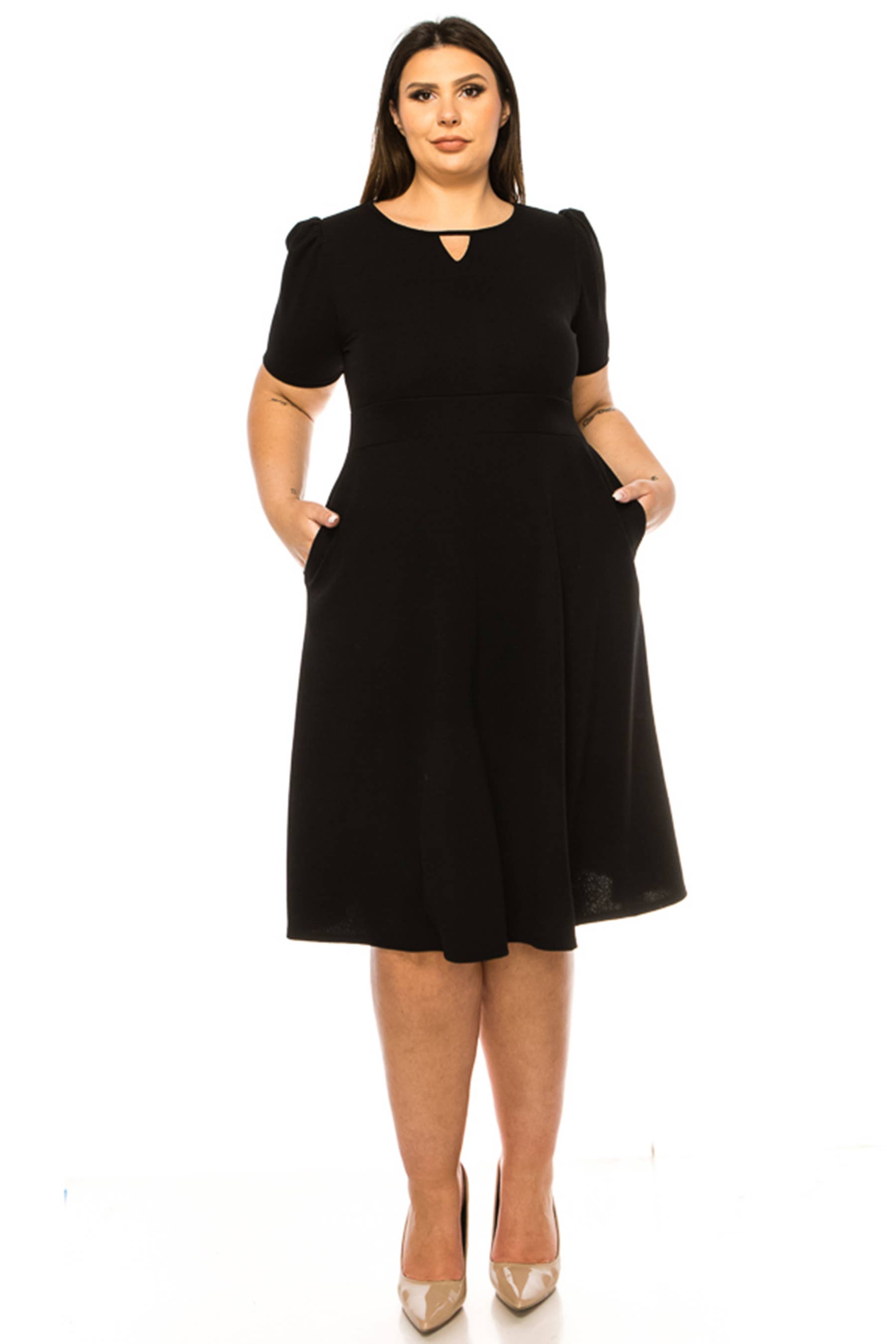 MOA COLLECTION - Wholesale Dress - Women's - Women's Plus Size Dress with Puff Sleeves and Keyhole Front4