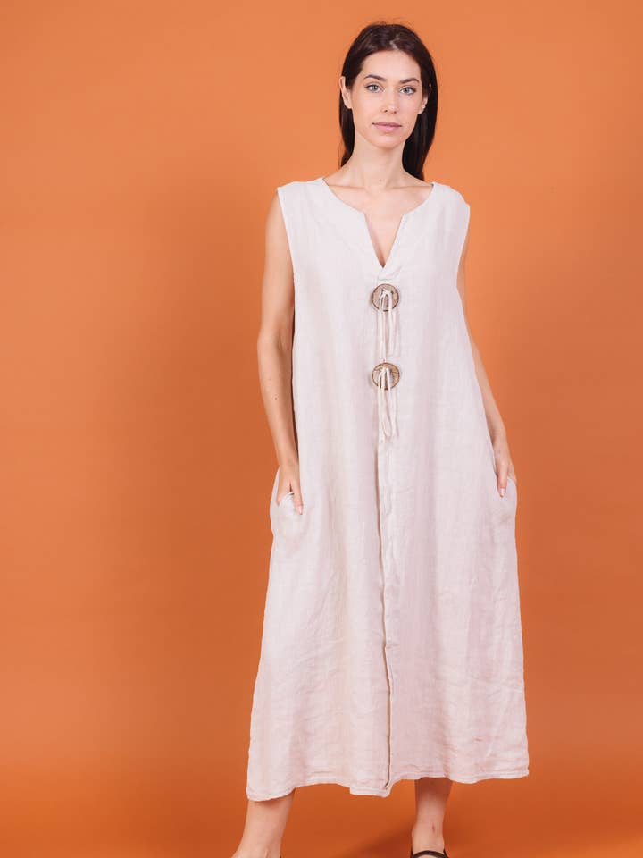 Vestido de linho com 2 botões e 2 bolsos 14976 por atacado de Shyloh