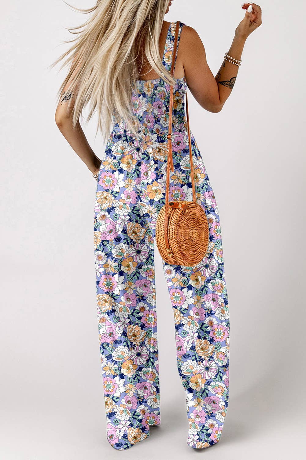 1 the Woman - Wholesale Jumpsuit - Women's - Spring Floral Print Smocked High Waist Square Neck Jumpsuit8