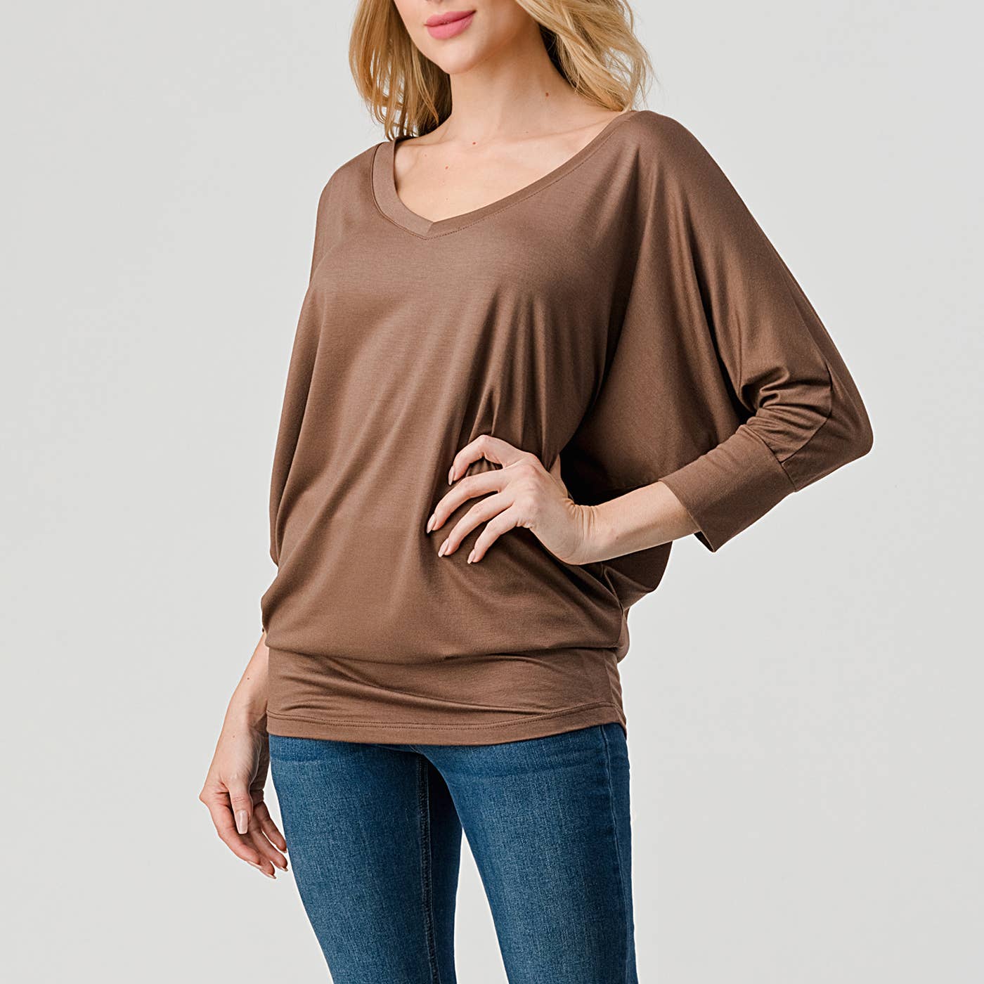 Heimious - Wholesale Knit Top - Women's - 3/4 Dolman Sleeve V-neck Modal Jersey Top, 257346