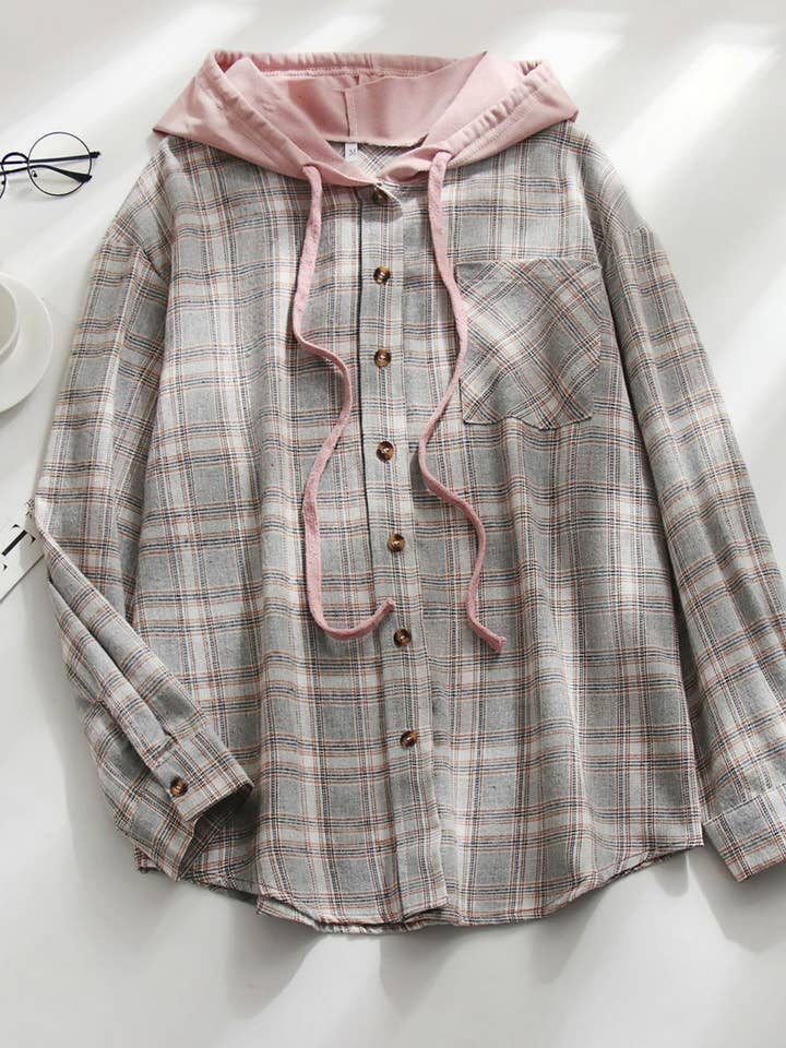 NINEXIS - Wholesale Coat - Women's - CWOCO1101_CASUAL HOODED COLORBLOCK PLAID SHIRT COAT3