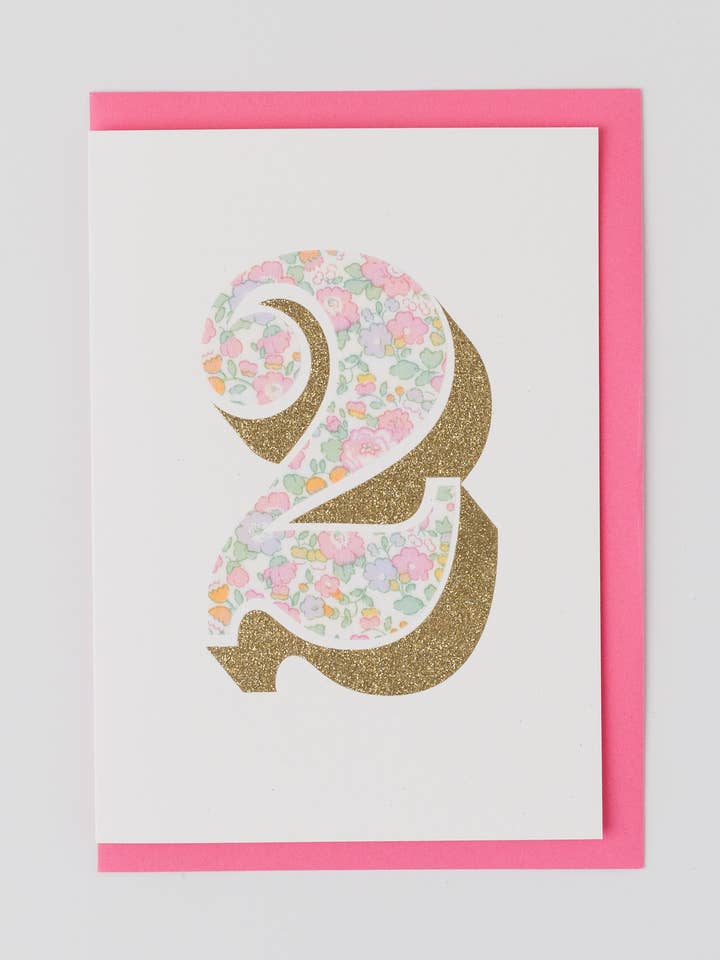 Biglietto di Compleanno per 2 Anni - Bio Glitter & Tessuto Liberty Betsy Ann per la vendita all'ingrosso da parte di The Charming Press
