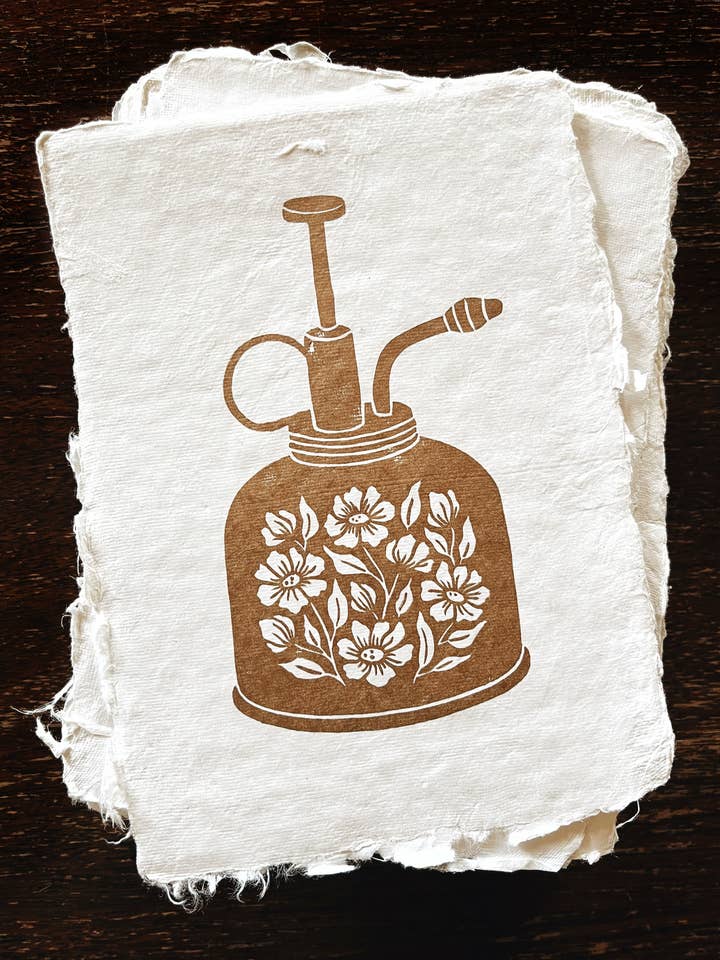 5x7 Plant Mister Block Print Gouden bloemen op wit handgemaakt voor wholesale door Flora West Design