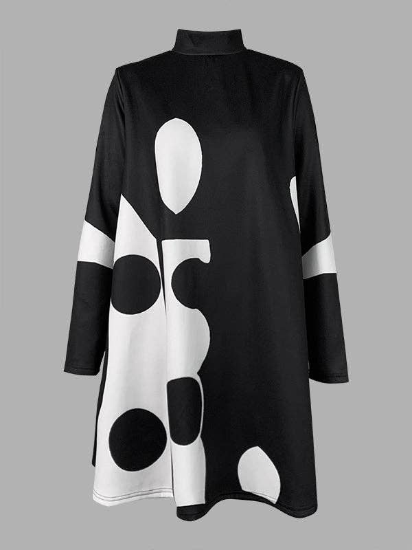 SCHWARZ A-Linien Minikleid mit Polka-Dots, Stehkragen und langen Ärmeln für den Großhandel auf Faire3