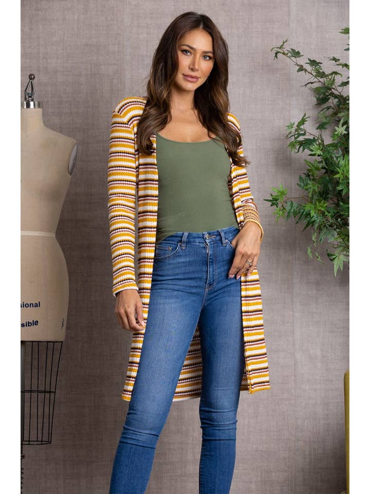 SENAPE CARDIGAN LUNGO IN MAGLIA CON APERTURA FRONTALE A RIGHE SENAPE - L4642 in vendita all'ingrosso su Faire