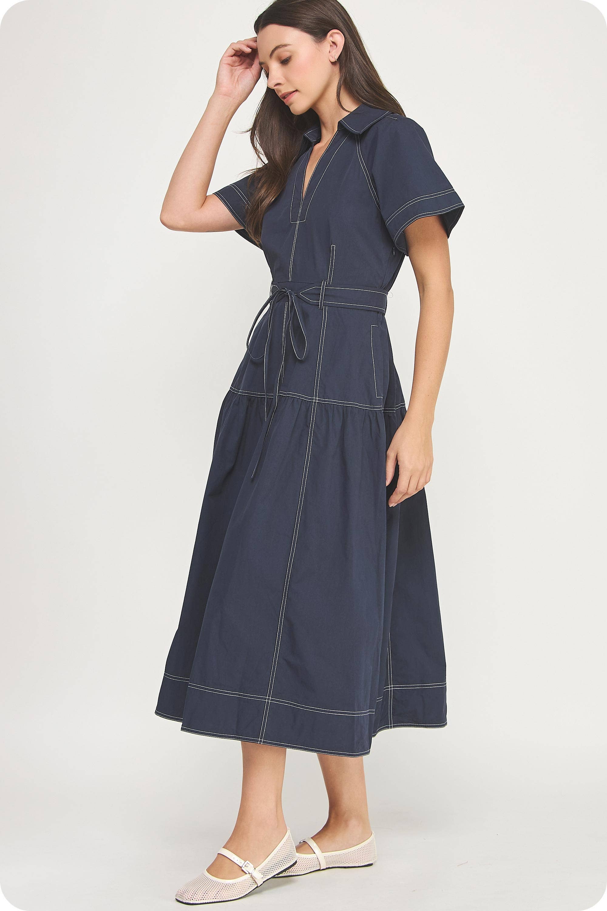 Strut & Bolt - Vente Robe – femme - Robe midi en popeline à col surpiqué1