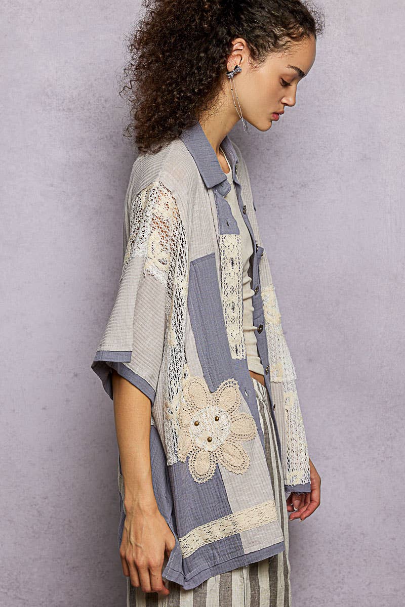 Pol Clothing - Wholesale Button Down Shirt - Women's - Collared Studded Button-down Short Sleeve Knit Shirt Top25