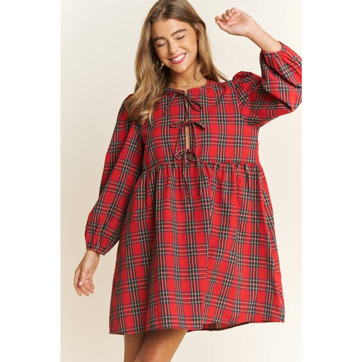 Sweet Generis - Wholesale Dress - Women's - SOFT PLAID WOVEN FABRIC BABYDOLL BOW MINI DRESS11