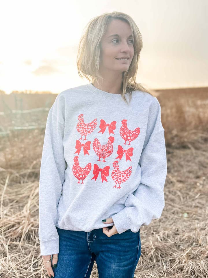 Western Valentines Chicken & Bows Graphic Women's Crewneck for wholesale by American Farm Company