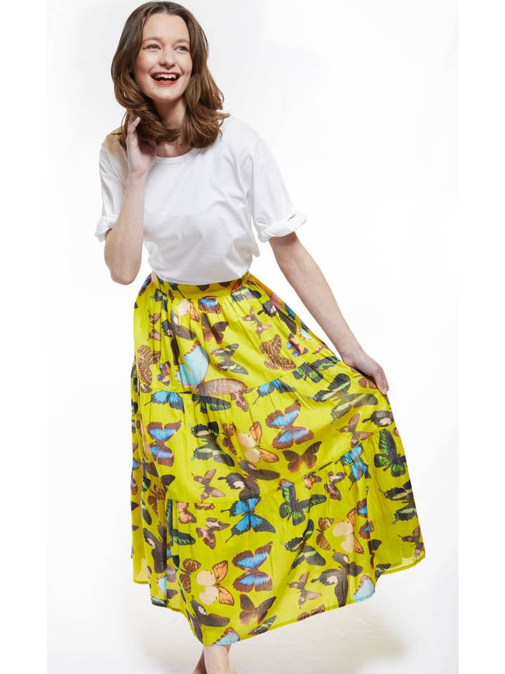 Dizzy-Lizzie - Vente Jupe – femme - Jupe Woodstock en chartreuse ornée de papillons2