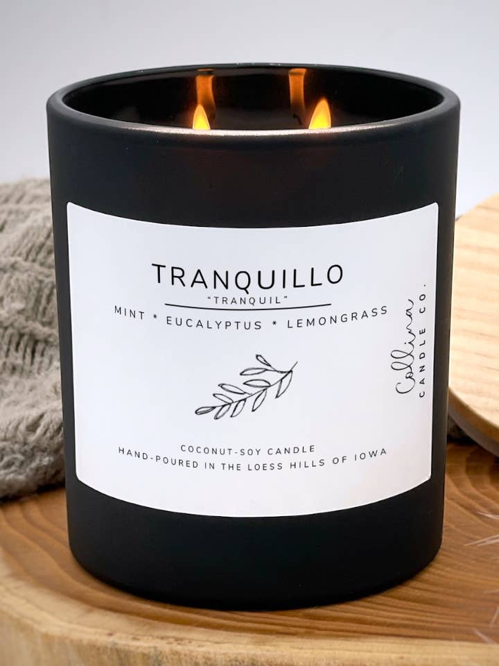 Tranquillo 10.5 oz Coconut-Soy Candle Mint Eucalyptus Lemon for wholesale by Collina Candle Co., LLC