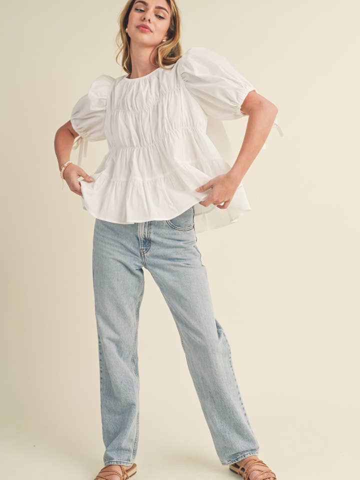 &MERCI - Wholesale Blouse - Women's - TIERED SHIRRING PUFF SLEEVE TOP MTP308145