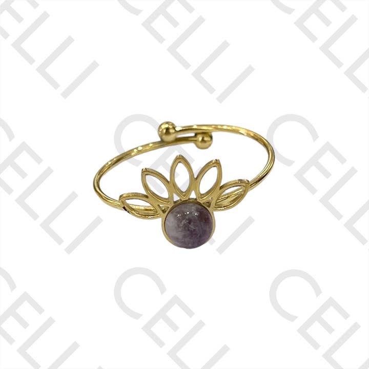 Celli Biju - Wholesale Band/Stacked Ring - Steel Ring - Lotus Flower with Natural Stone
