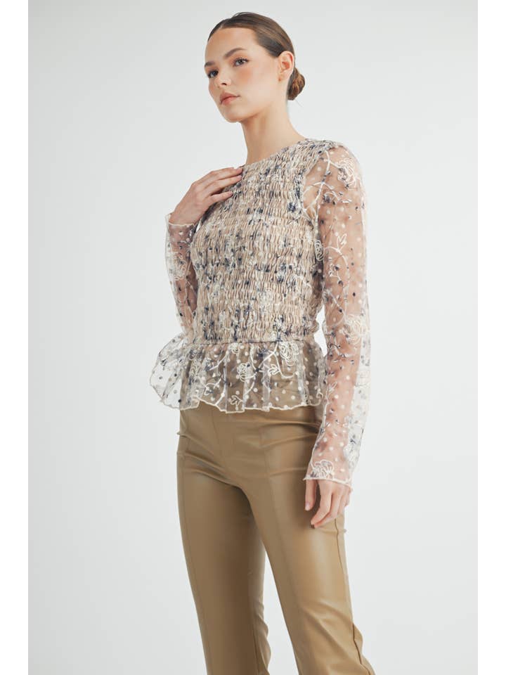 cream Sheer Smocked Embroidered Mesh Peplum Top for wholesale on Faire2