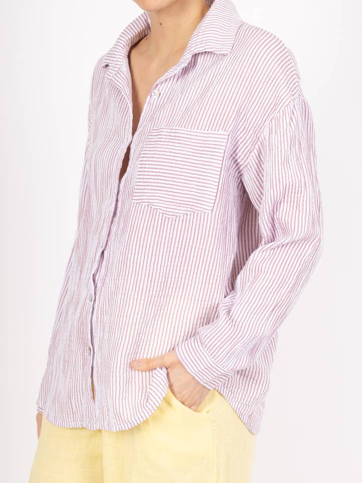 Mimi & Gogo - Wholesale Button Down Shirt - Women's - Striped Cotton Gauze Shirt Pocket @3230_ChRPoche