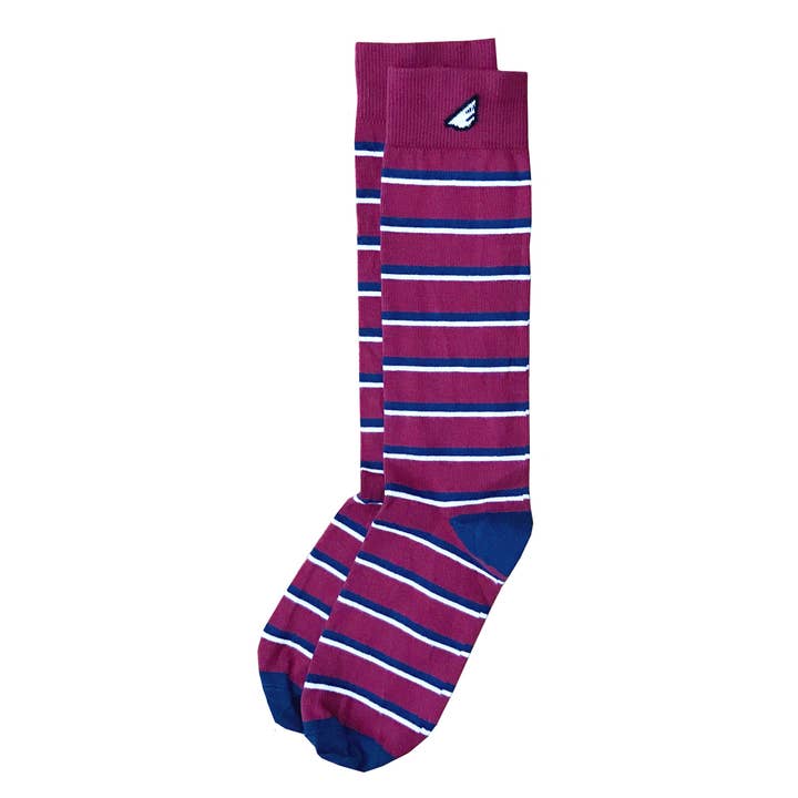 Gambler - Maroon, Navy & White. American Made Dress / Casual Stripe Socks for wholesale by Boldfoot Socks