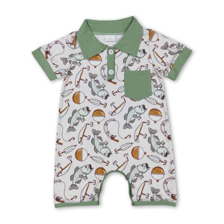 Short sleeves pocket fishing baby boys polo romper for wholesale by Yawoo Garments