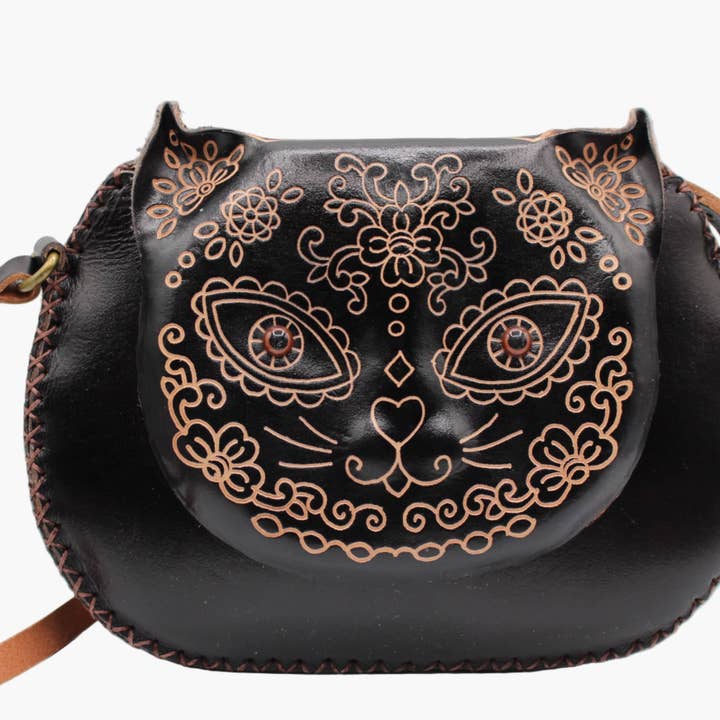 Borsa a tracolla in pelle a forma di teschio di zucchero con gatto per la vendita all'ingrosso da parte di Sunflower Handmade leather inc