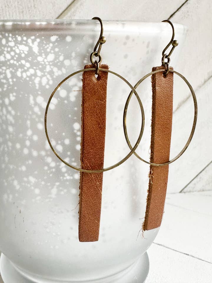Brown & Bronze - Leather Bar + Metal Circle Earrings for wholesale by Boho By Design