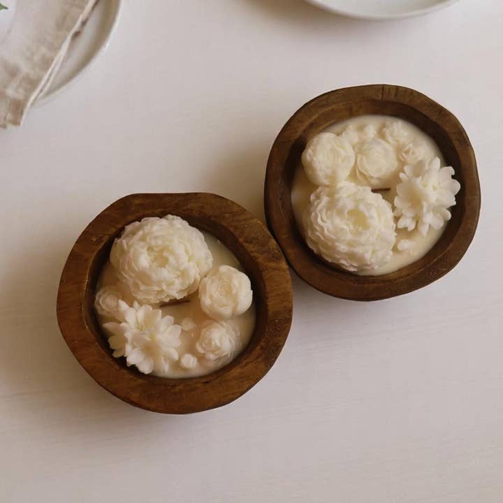 Botanical Candle in Handmade Wooden Round Container for wholesale by Agaboo Candle