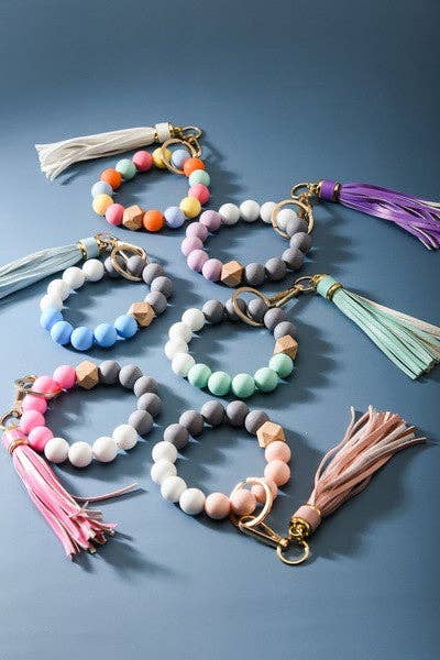 JOSSLYN by wall to wall - Wholesale Keychain Bracelet - SOFTEST RUBBERY BEAD TASSEL BRACELET KEY HOLDER | 40KC1035