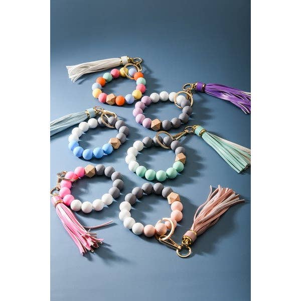 JOSSLYN by wall to wall - Wholesale Keychain Bracelet - SOFTEST RUBBERY BEAD TASSEL BRACELET KEY HOLDER | 40KC10315