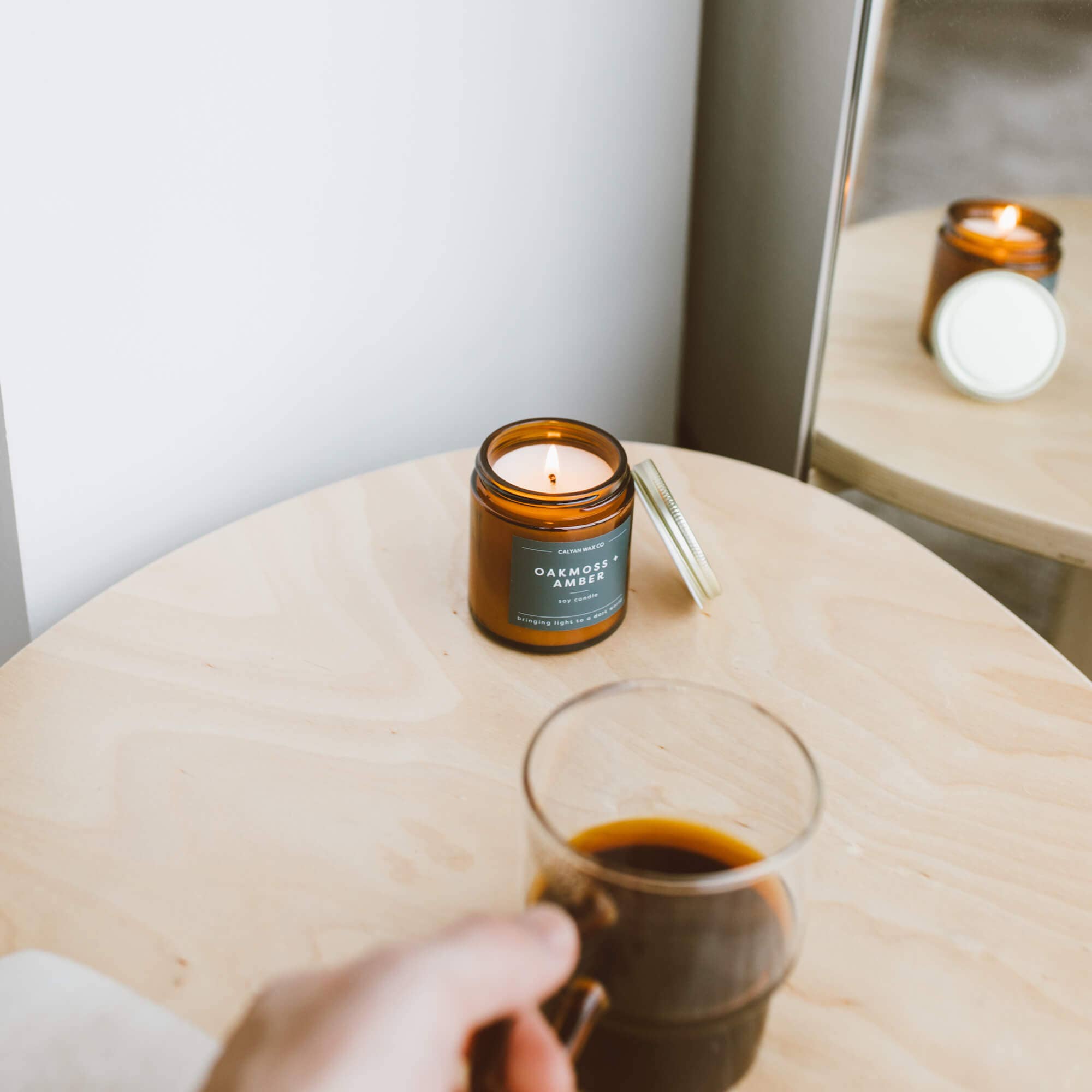 Calyan Wax Co. - Wholesale Jar/Filled Candle - Oakmoss + Amber - Mini Amber Jar Soy Candle4