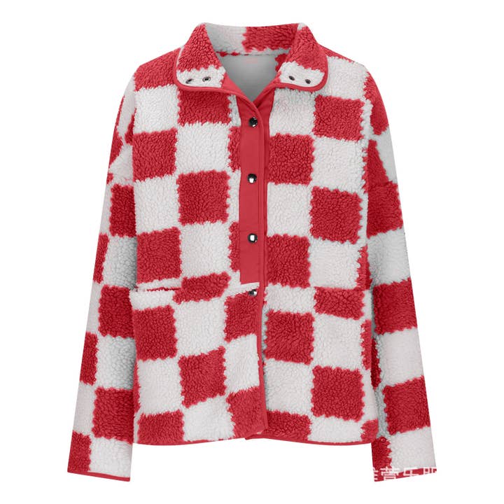 Rosa Clothing - Wholesale Jacket - Women's - Checkered fleece snap buttoned relaxed jacket5