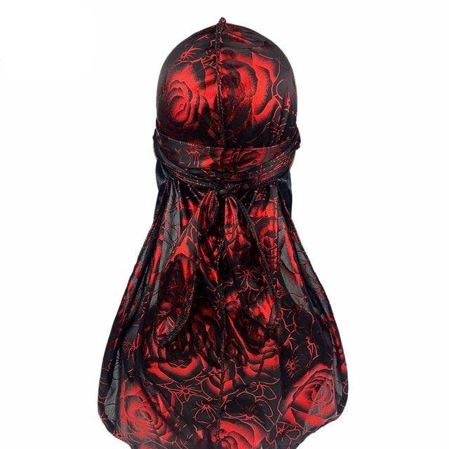 Durag sedoso con estampado de rosas rojas y negras para venta al por mayor de Taelor Boutique