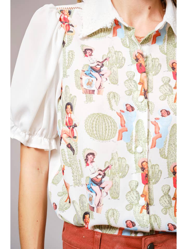 GEBROKEN WIT 36700T - Pin-up meisje cactusprint blouse met kanten kraag voor groothandel op Faire