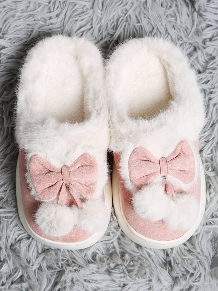 MiMi Wholesale - Wholesale Slippers - Women's - JCL6116 Superlux Faux Suede Fuzzy Bow and Pom Pom Slippers1