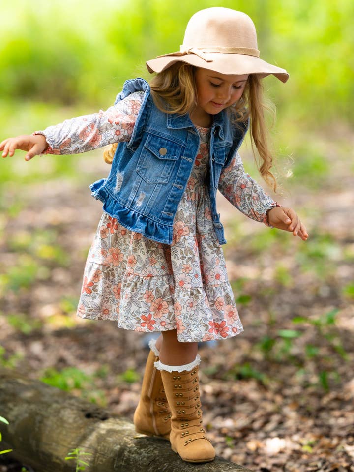 Multicolor Long Sleeve Floral Dress w/ Ruffle Denim Vest & Set for wholesale on Faire